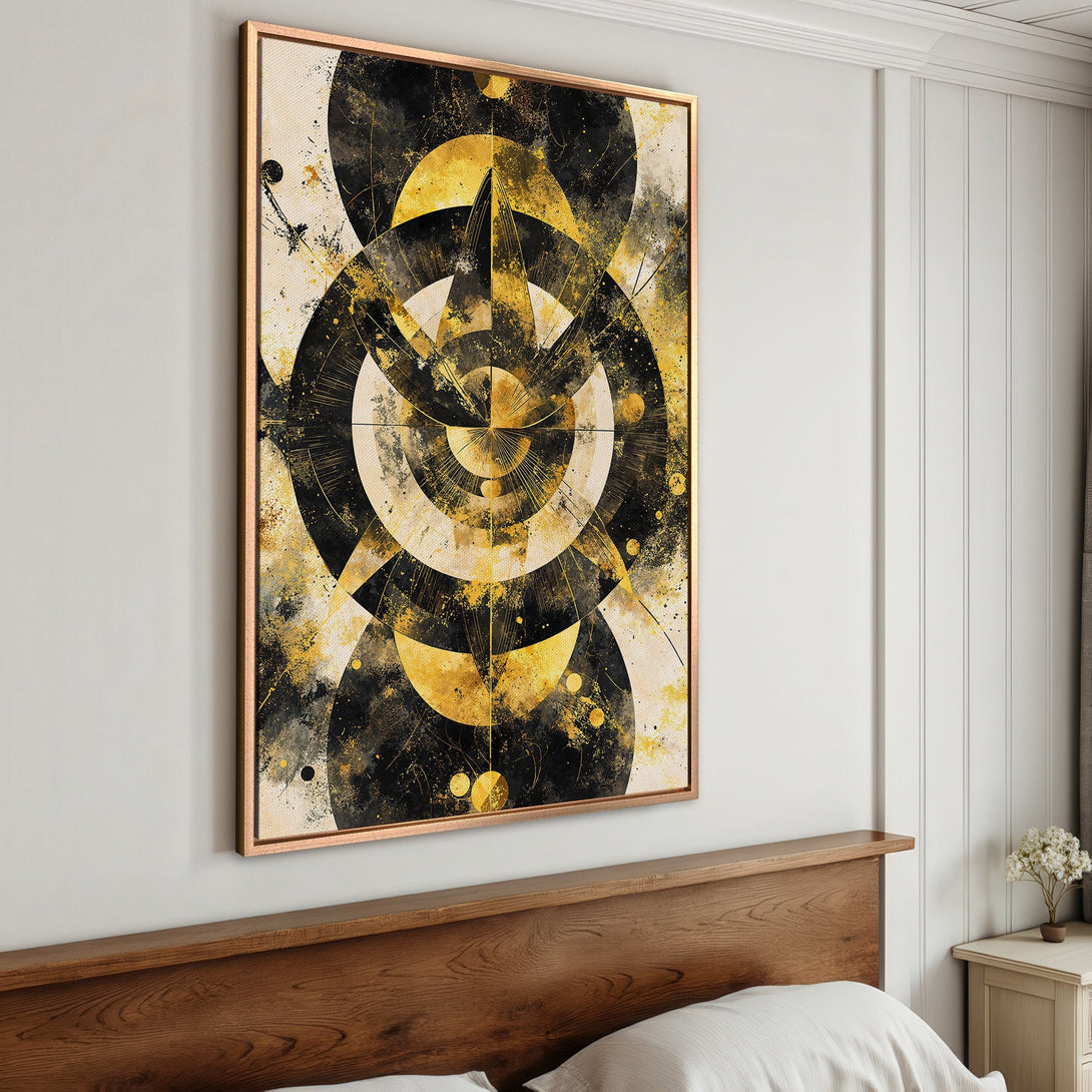 Framed Wall Art featuring abstract geometric art in black & gold. Modern Canvas Print adds a touch of elegance to any interior. Shop now!