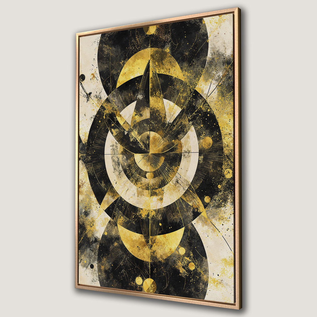 Framed Wall Art featuring a modern abstract design with geometric shapes in black, gold, and cream. Perfect for adding a touch of elegance to any space.