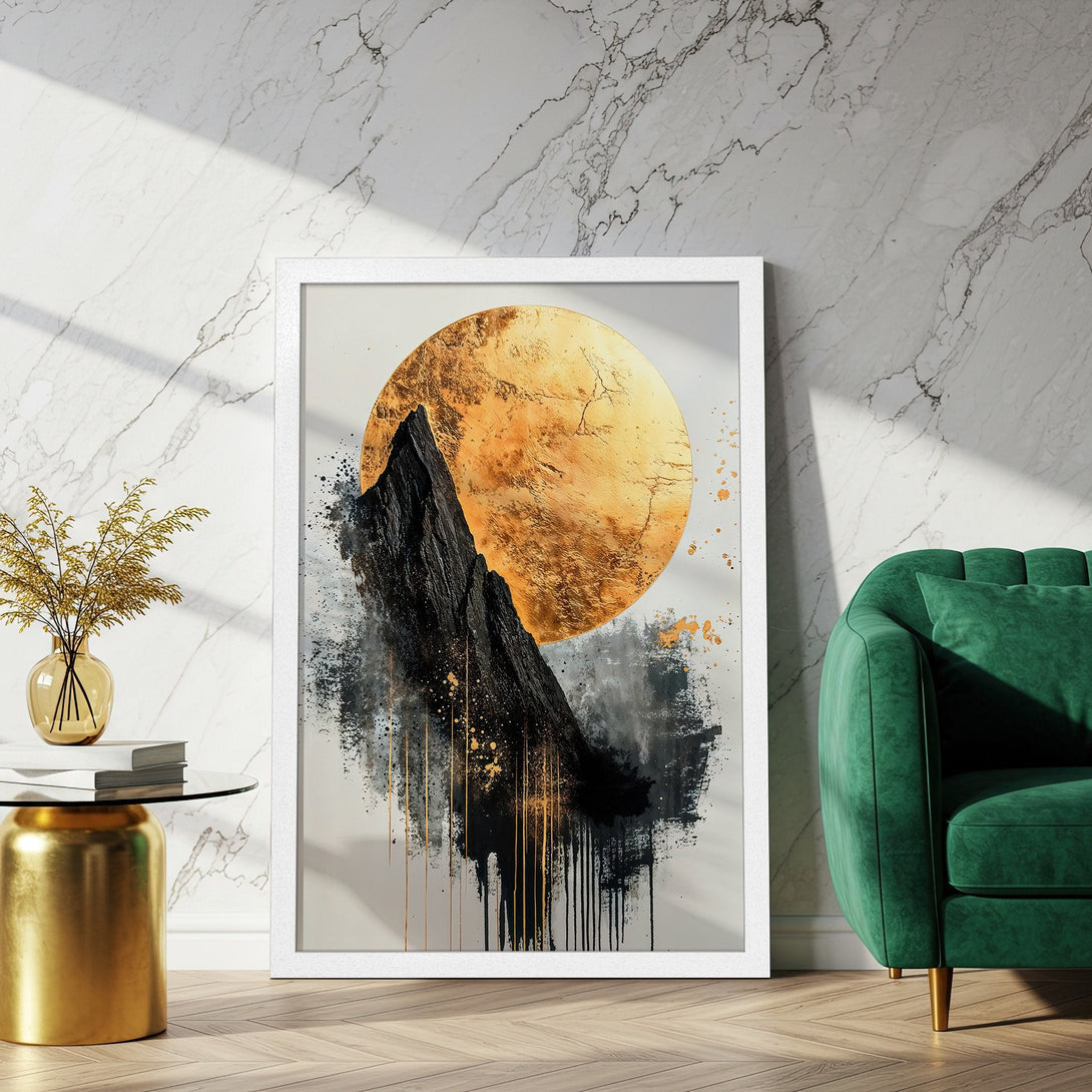 Framed Poster featuring a mountain silhouette against a golden sun, abstract style, with black, gold, and white color palette. Elevate your space!