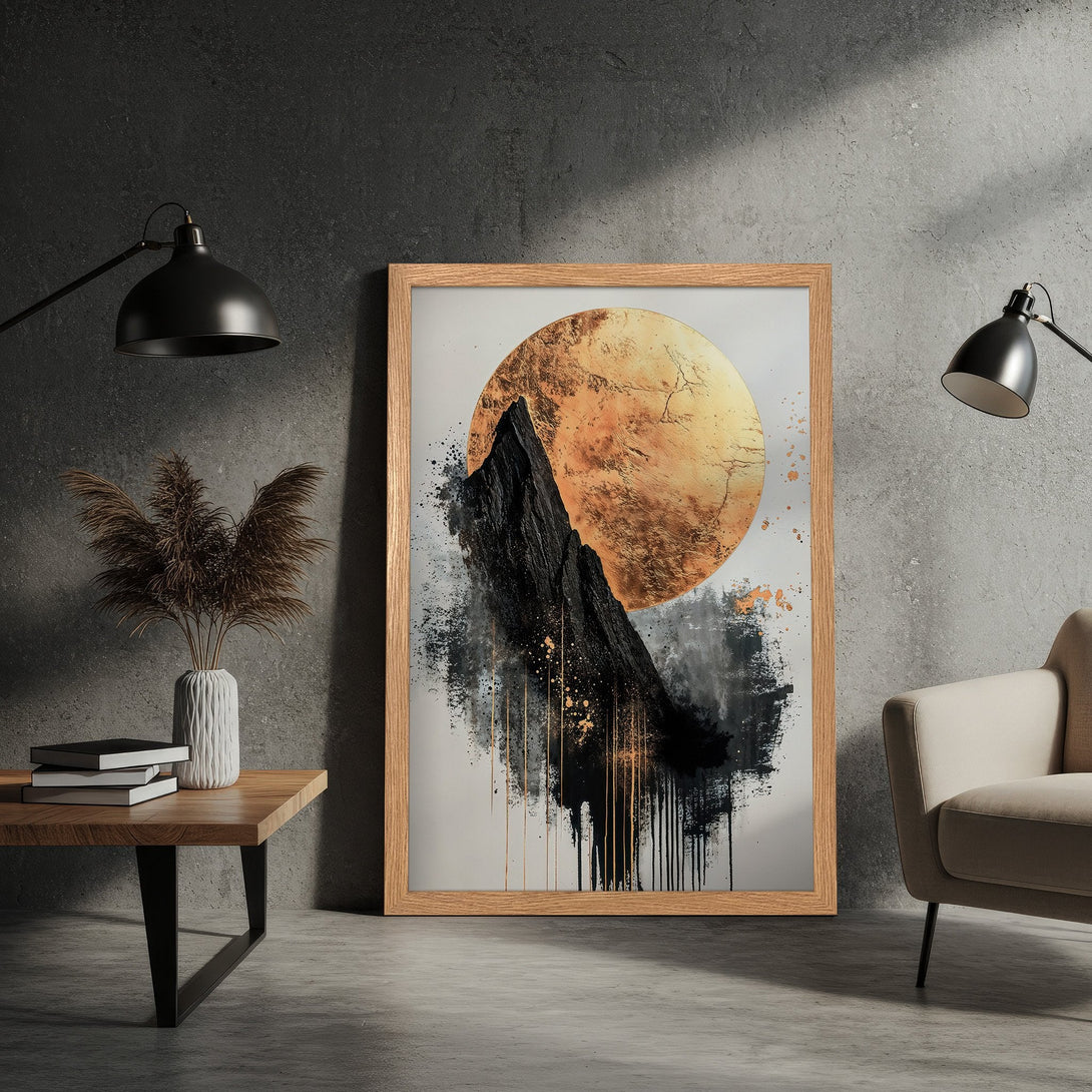 Framed Poster: Abstract mountain art with gold and black accents. Modern style, neutral color palette. Perfect wall decor.