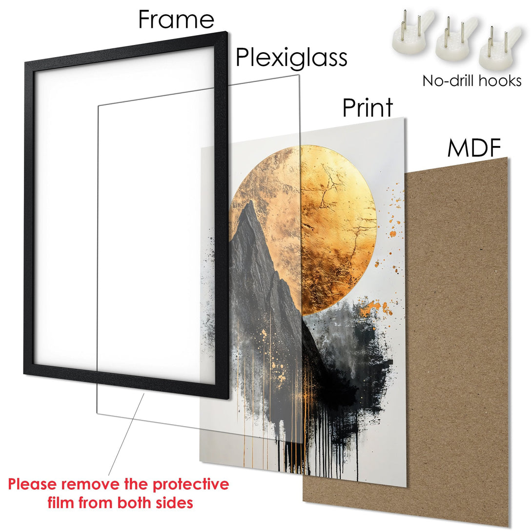 Framed Poster featuring abstract mountain art with gold and black accents. Modern style, neutral color palette.