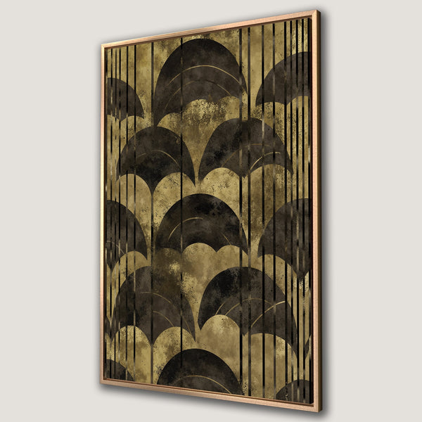 Framed Wall Art featuring an Art Deco design in gold and black. Elevate your space with this stylish canvas print, perfect for modern interiors.