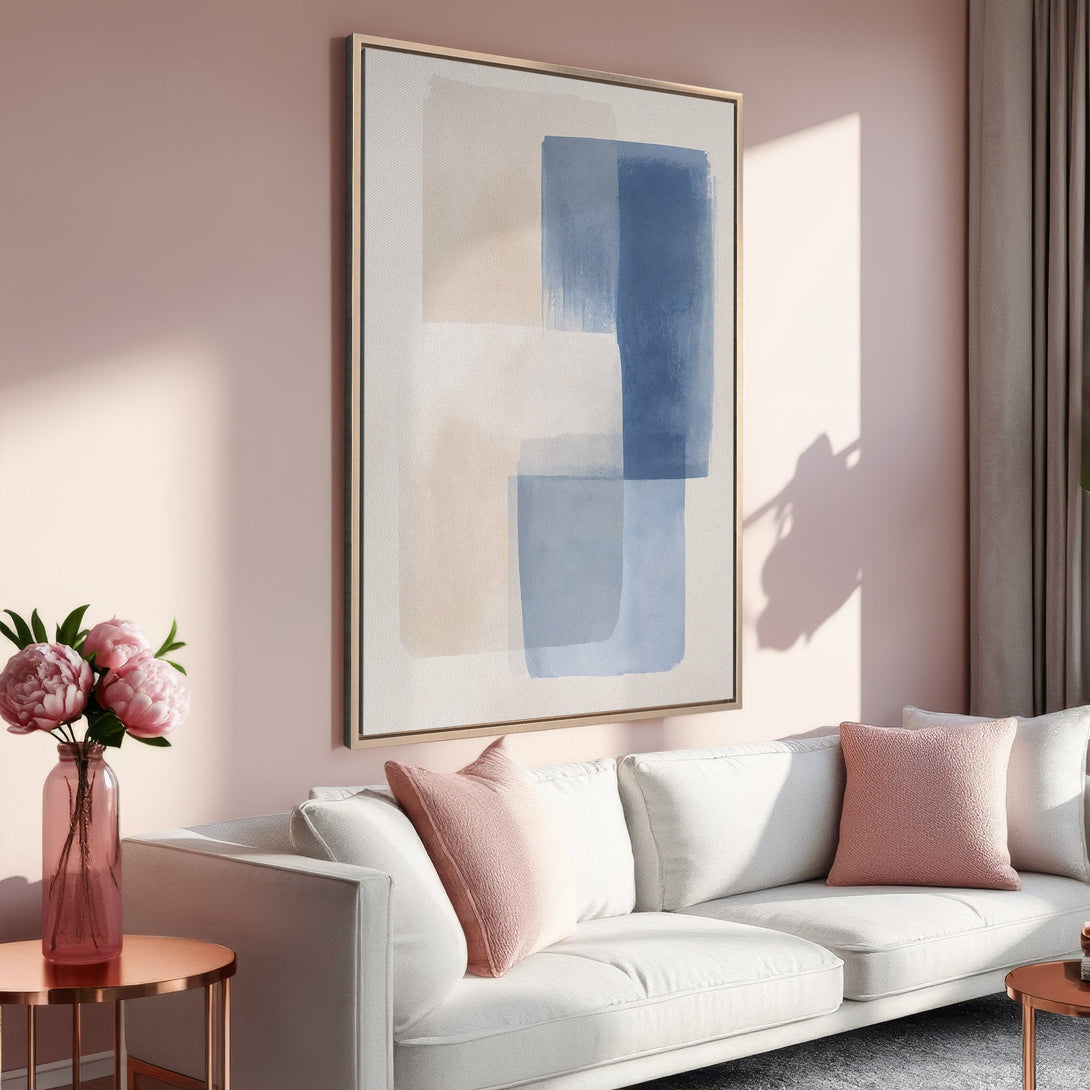 Framed Wall Art featuring abstract blue and beige brushstrokes. Modern art print in a blush and neutral color palette, perfect for adding style to your space.