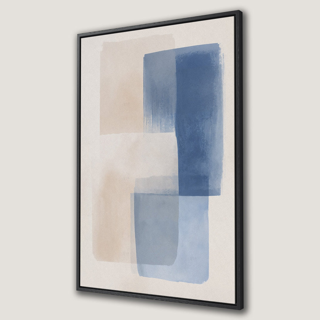 Framed Wall Art Canvas Print featuring abstract blue and beige brushstrokes. Modern art piece with a neutral color palette, perfect for any interior design.