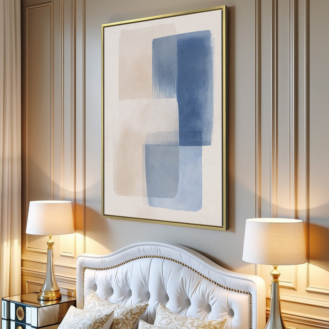 Canvas Print of abstract blue and beige art, modern style, displayed in a living room. Neutral color palette for a calming aesthetic.