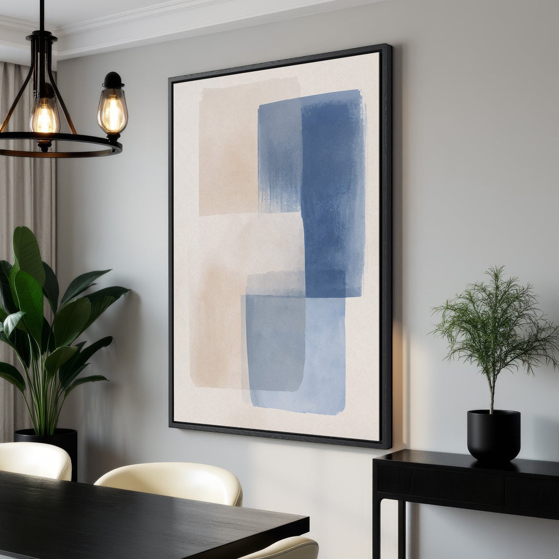 Framed Wall Art: Abstract blue & beige brushstroke design. Modern Canvas Print in a minimalist interior. Perfect for adding a touch of art to your space.