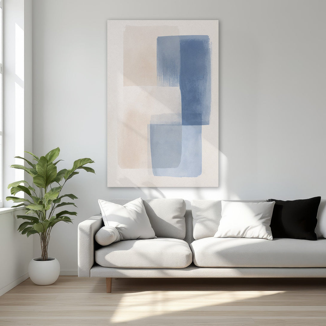 Framed Wall Art: Abstract blue and beige brushstroke design. Modern canvas print adds a touch of elegance to any bedroom decor.