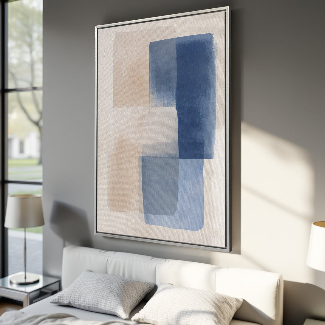 Framed Wall Art: Abstract Canvas Print in neutral tones of beige and blue. Modern art for bedroom decor. Enhance your space with this stylish artwork.