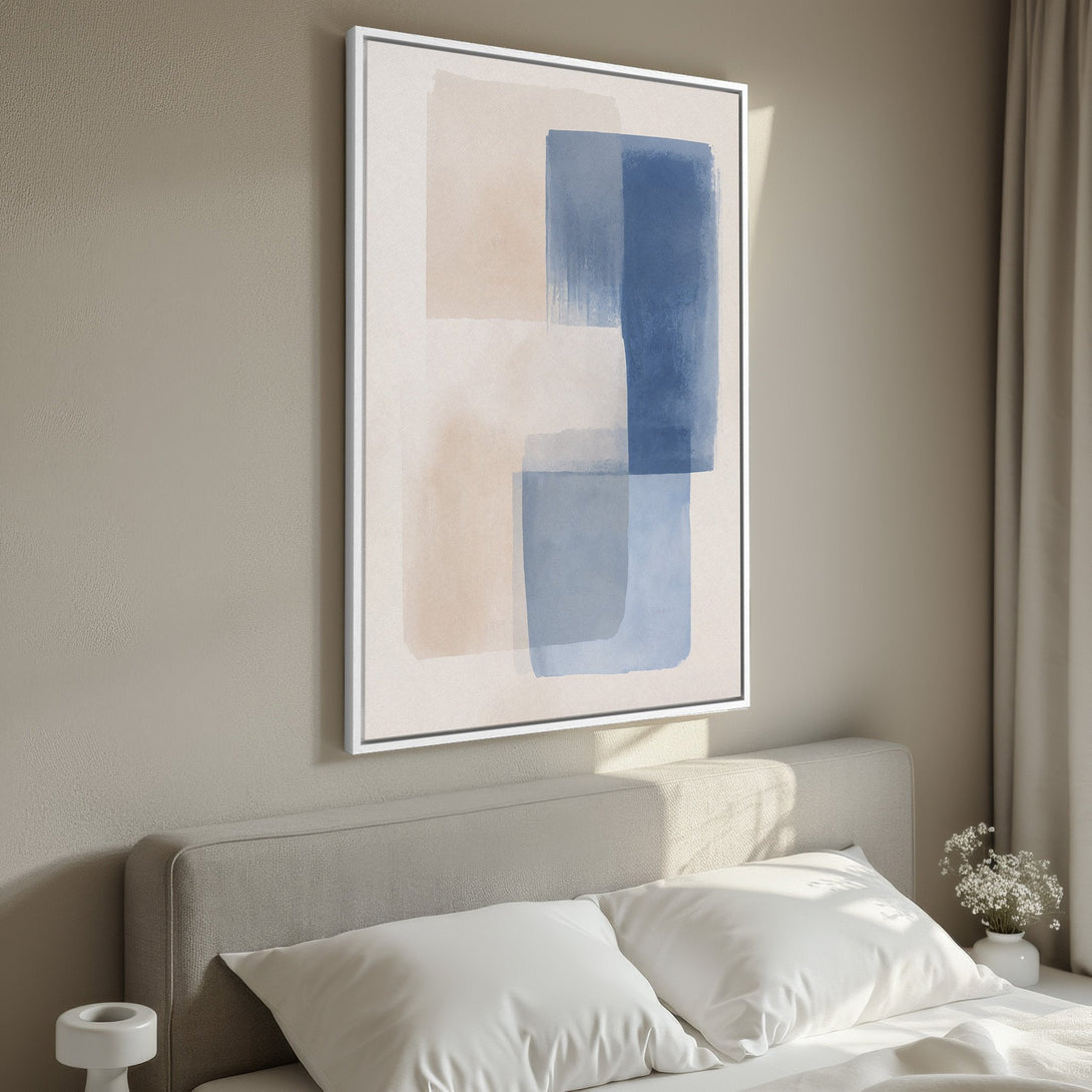 Framed Wall Art: Abstract blue & beige brushstroke design, perfect for modern bedrooms. Enhance your space with this stylish Canvas Print!