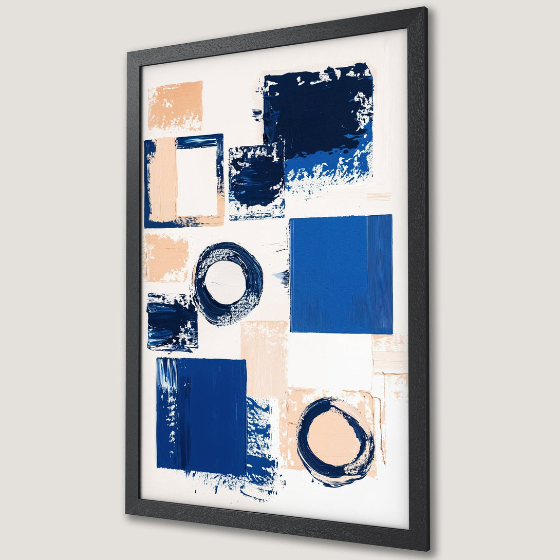 Framed Poster featuring abstract brushstroke art in blue, beige, and white. Modern art print perfect for any space.