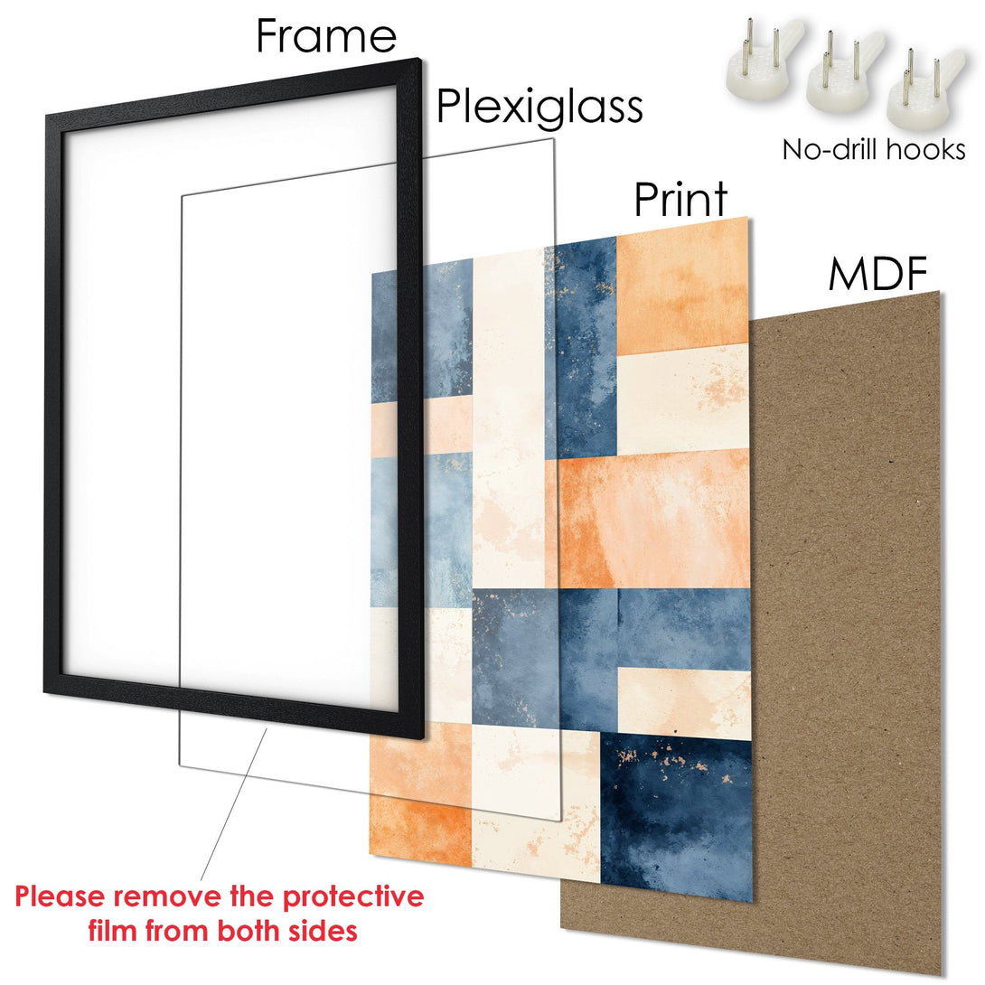 Framed Poster with abstract geometric design in blue, orange, and cream color palette. Perfect wall art for any space.