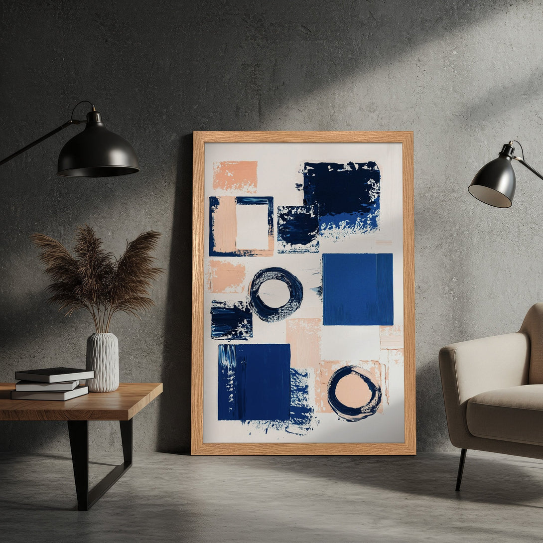 Framed Poster featuring abstract art in navy blue and blush pink. Modern style, perfect for home decor.