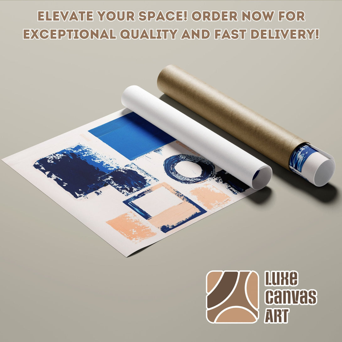 Abstract art Poster Roll with blue & peach brushstrokes. Modern home decor. Shop now!