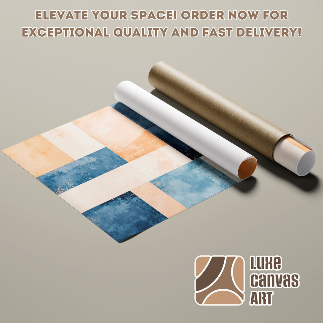 Abstract Poster Roll art with blue, beige, and gold color palette. Elevate your space with Luxe Canvas Art! Order now for fast delivery.