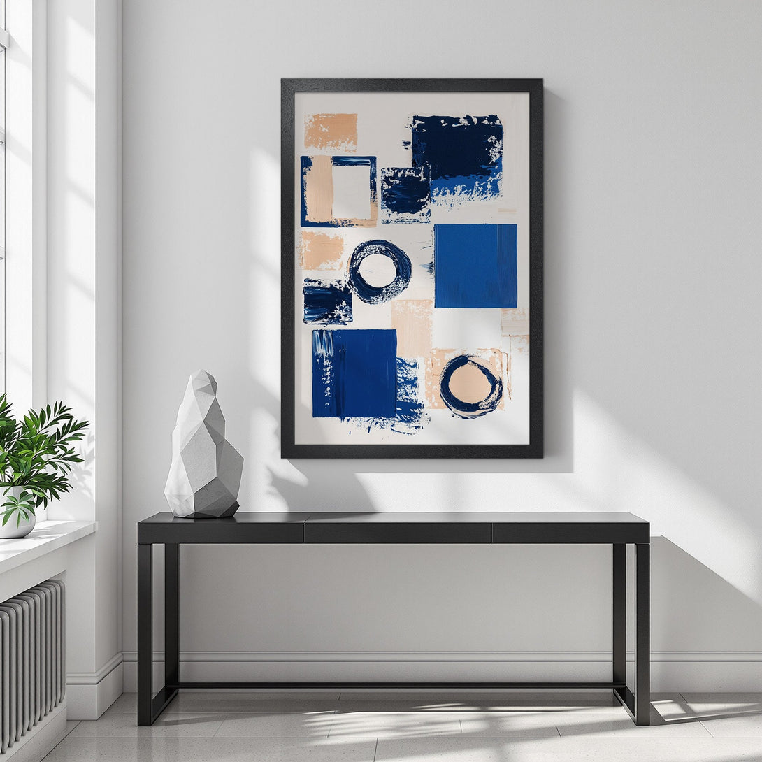 Framed Poster featuring abstract art in blue and beige tones. Modern art poster perfect for home decor.