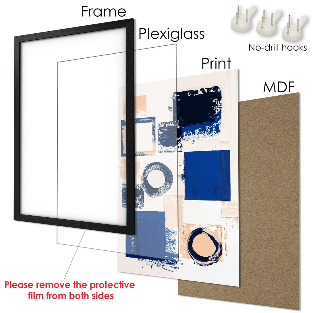 Framed Poster: Abstract art print in blue, navy, and peach tones. Modern style, ready to hang.