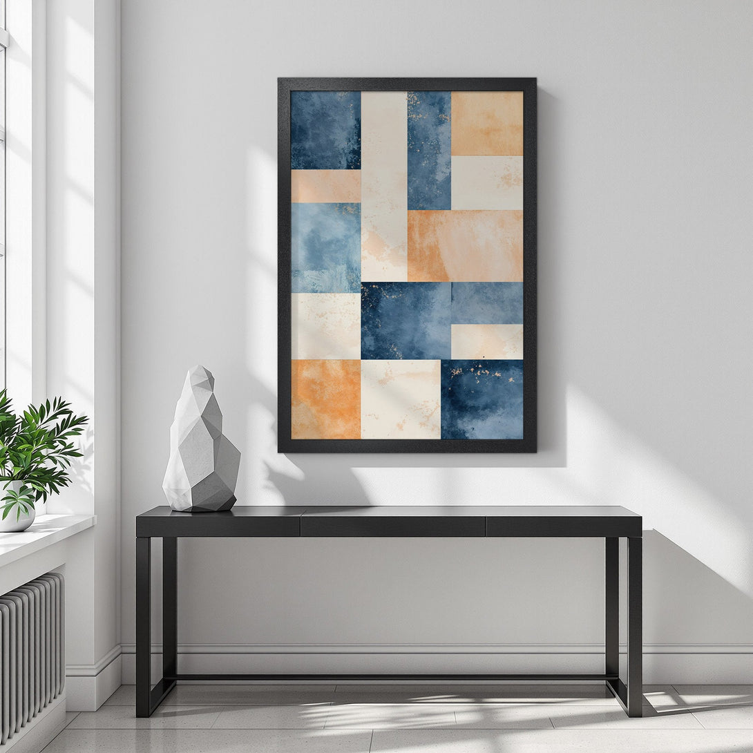 Framed Poster featuring abstract geometric art in blue, orange, and neutral tones. Modern style, perfect wall decor.