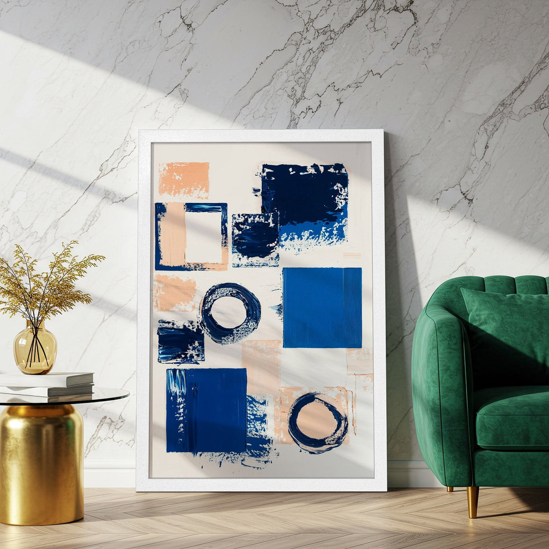 Framed Poster featuring abstract art in blue, peach, and white. Modern style, perfect for home decor.