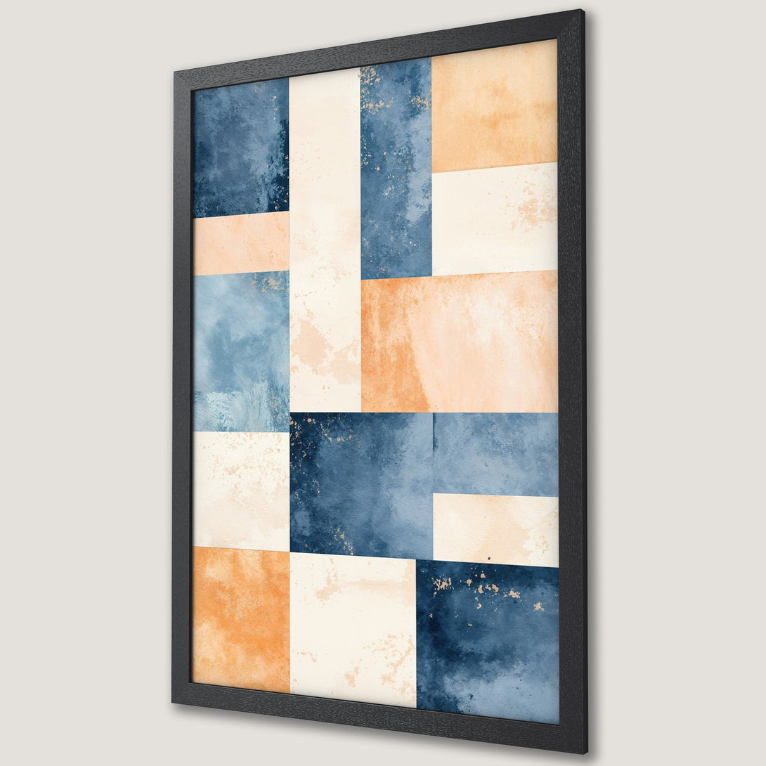 Framed Poster: Abstract art print with blue, peach, and cream color blocks. Modern style wall decor for living room or bedroom.