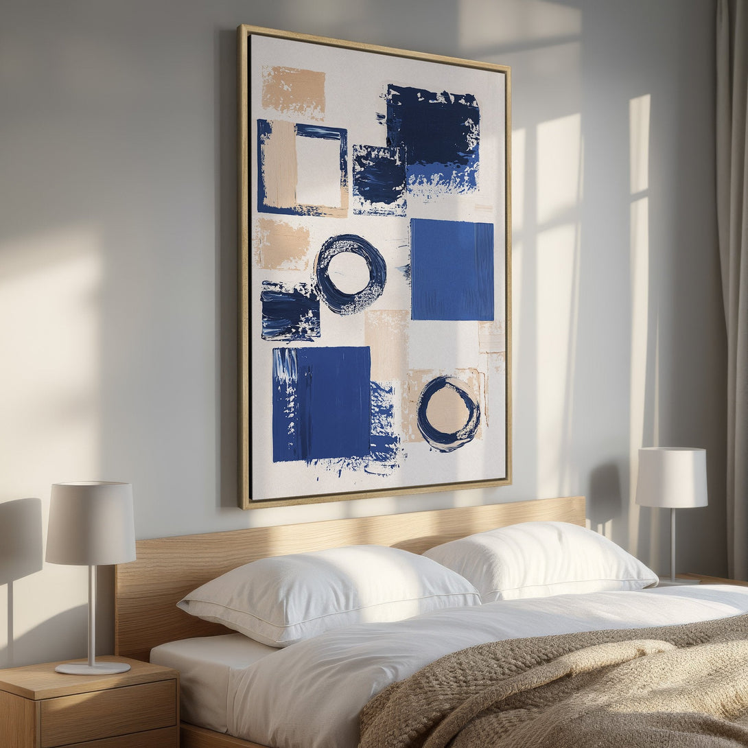 Framed Wall Art featuring abstract blue and beige brushstrokes. Modern art perfect for bedroom decor. Add a pop of color with this stylish canvas print.