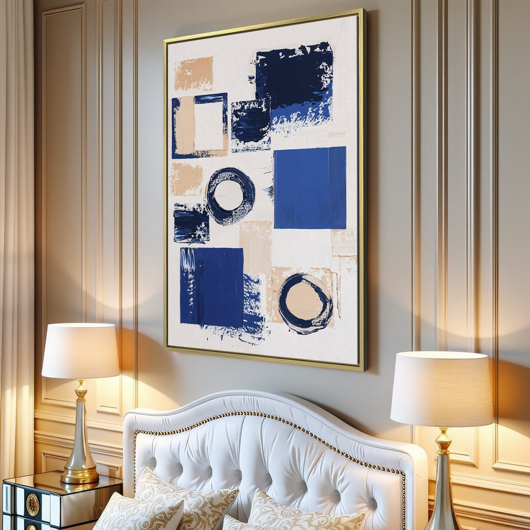 Abstract Canvas Print in a modern interior. Features bold blue and beige brushstrokes. Perfect wall art to elevate your space.