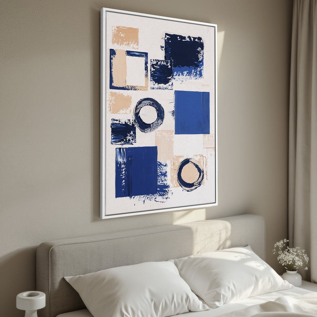 Framed Wall Art featuring abstract brushstroke design in navy blue and beige. Modern art canvas print perfect for bedroom decor.