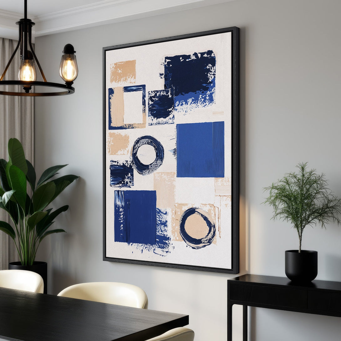 Framed Wall Art featuring abstract brushstrokes in blue and beige tones. Modern art canvas print perfect for living room decor.
