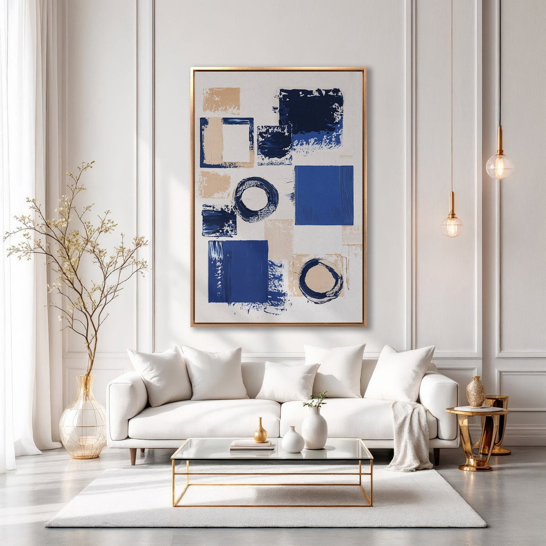 Framed Wall Art: Modern abstract painting in blue and beige tones. Elevate your living room with this stylish canvas print.