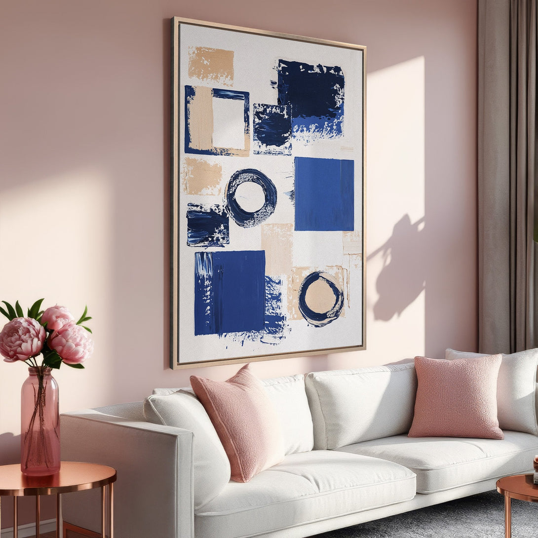 Framed Wall Art: Abstract blue and beige brushstroke art canvas print in a modern living room. Perfect for adding a pop of color and style.