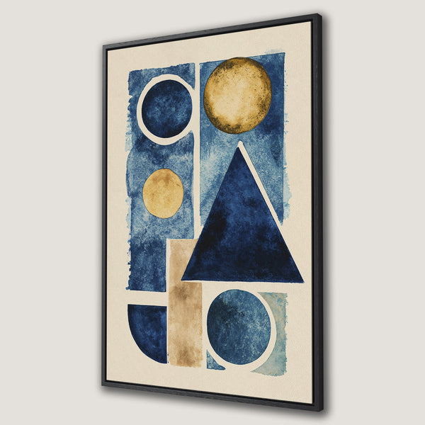Framed Wall Art featuring a modern abstract design in blue, gold, and neutral tones. Perfect for adding a touch of contemporary style to any space.