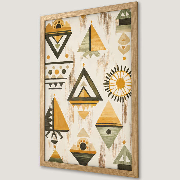 Framed Poster featuring abstract geometric art in earthy tones. Modern style with a warm, inviting color palette. Perfect wall decor.