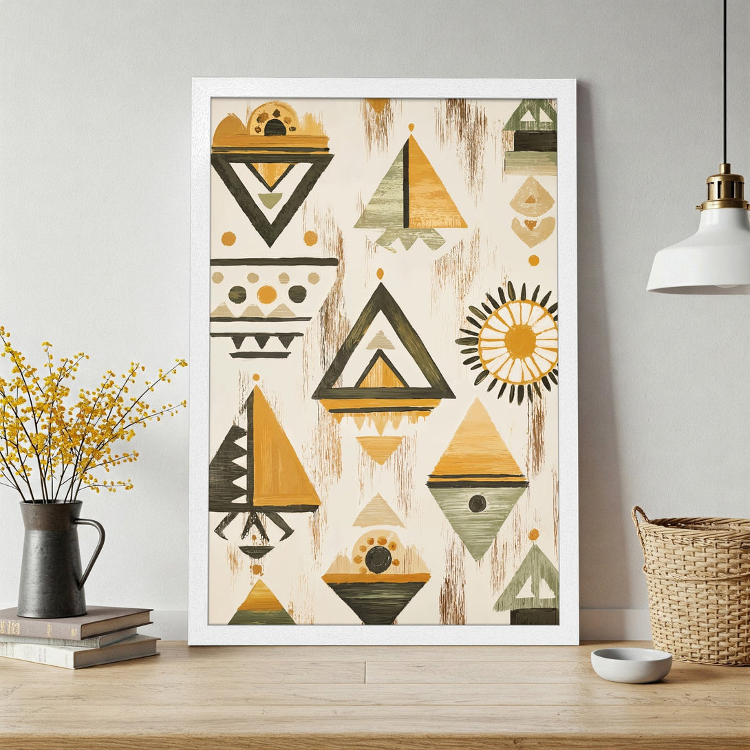 Framed Poster featuring abstract geometric art in a warm, earthy color palette of mustard yellow, olive green, and brown. Modern wall decor.