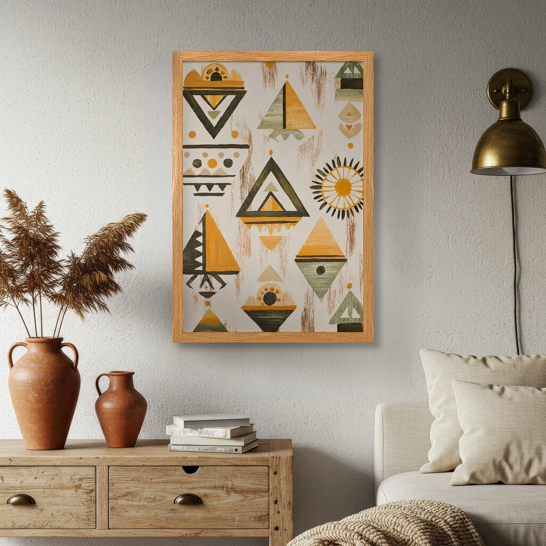 Framed Poster featuring abstract geometric art in earthy tones. Perfect wall decor for a modern, stylish home.