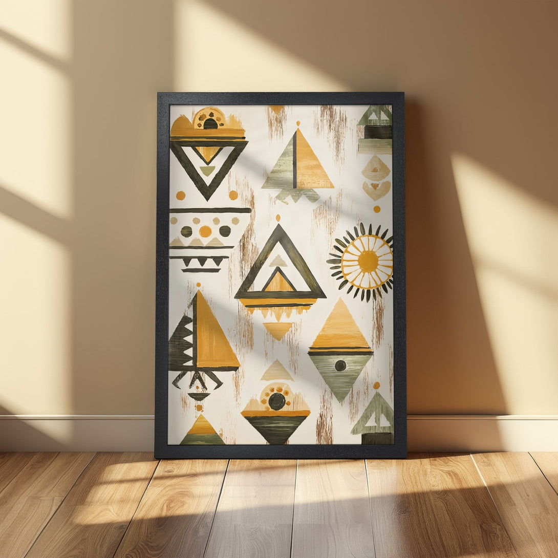 Framed Poster featuring abstract geometric art in earthy tones of gold, olive, and black. Perfect wall decor!