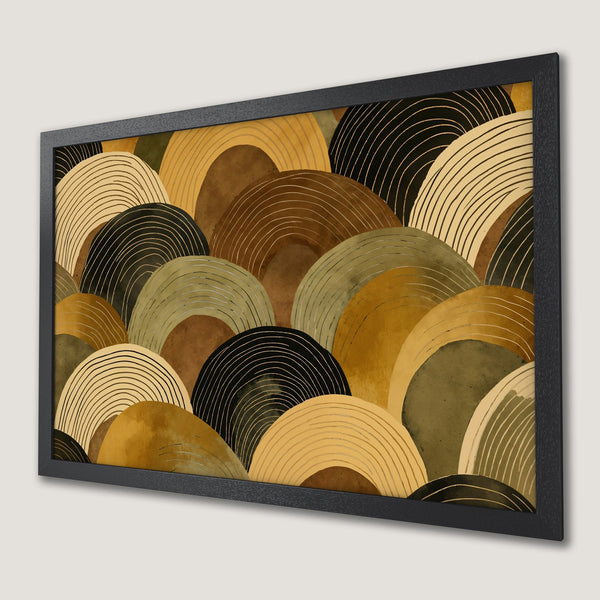 Framed Poster featuring abstract art with layered semi-circles in warm earth tones. Modern wall decor.