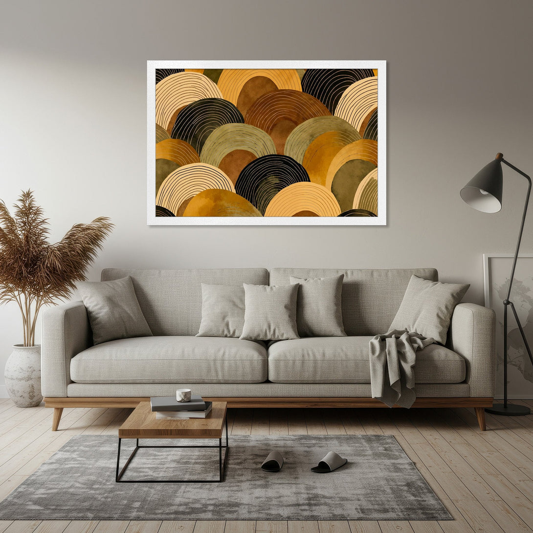 Framed Poster featuring abstract art in warm earth tones, perfect for living room decor.