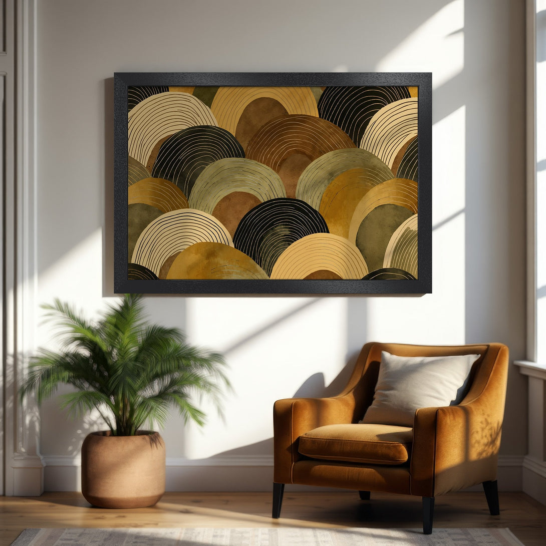 Framed Poster featuring abstract art in warm earth tones. Modern style, perfect for home decor.