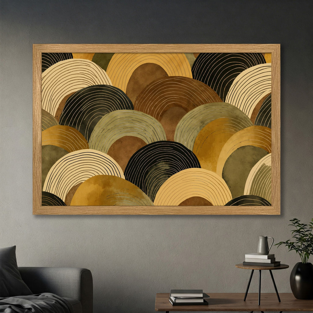 Framed Poster featuring abstract geometric art in warm earthy tones. Modern art print perfect for home decor.