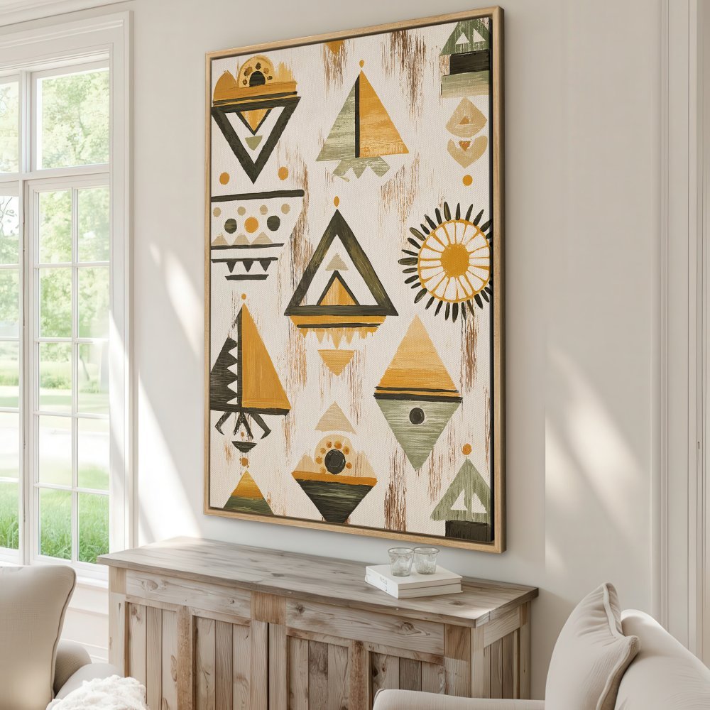 Framed Wall Art featuring geometric tribal design in warm yellow and olive green tones. Add a touch of boho style to your space!