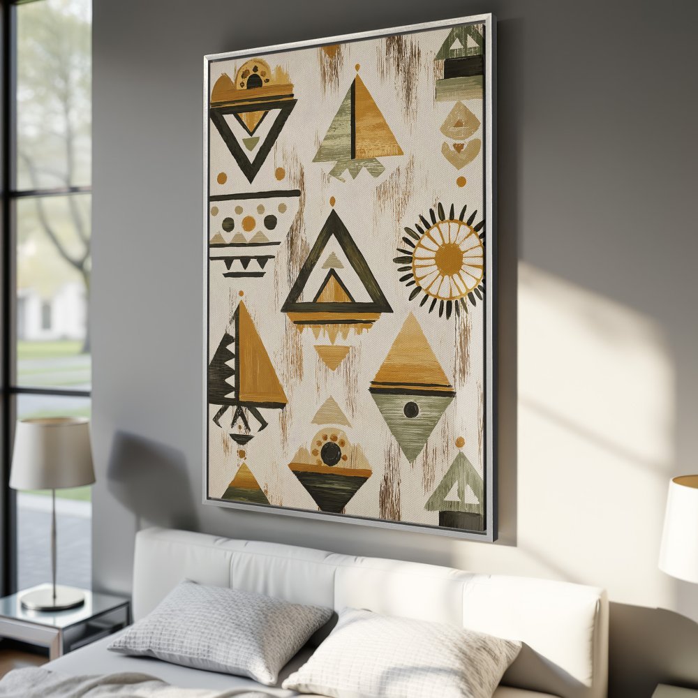 Framed Wall Art: Abstract geometric Canvas Print in earthy tones. Modern art with triangles, diamonds, and sunbursts. Perfect for bedroom decor.