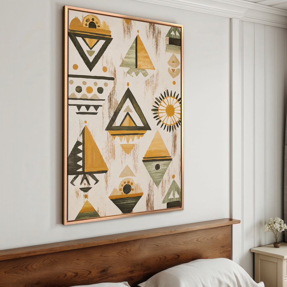 Framed Wall Art: Geometric abstract Canvas Print in warm yellow, olive, and neutral tones. Perfect for modern home decor.