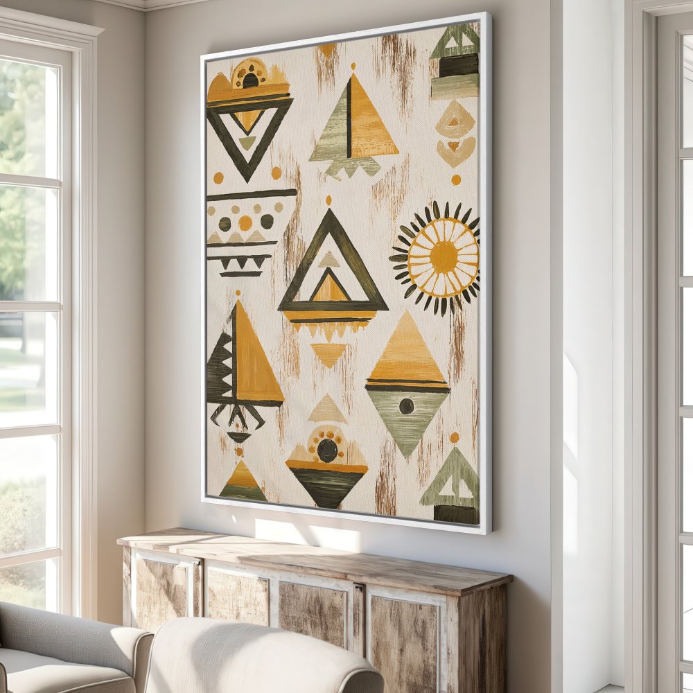 Framed Wall Art: Abstract geometric design in earthy tones. Canvas print adds a touch of boho style to any interior. Shop now!