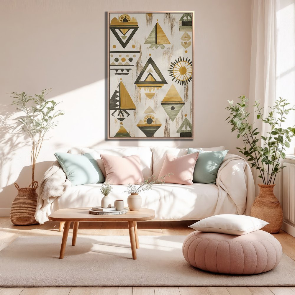 Framed Wall Art featuring abstract geometric design in gold, green, and black. Stylish home decor for a modern living room.