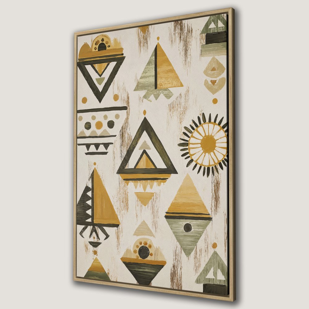 Framed Wall Art featuring abstract geometric patterns in earthy tones. Add a touch of boho style with this canvas print!