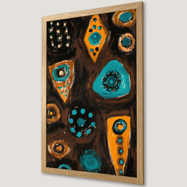 Framed Poster featuring abstract art with teal, orange, and brown shapes on a dark background. Modern art print for home decor.