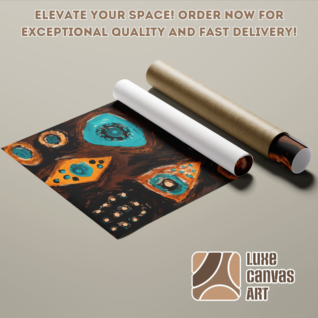 Abstract art poster roll in a tube. Features a dark color palette with orange and blue accents. Order your poster today!