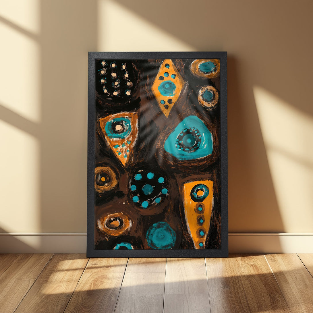 Framed Poster featuring abstract art with geometric shapes in teal, orange, and brown tones. Modern art print for home decor.