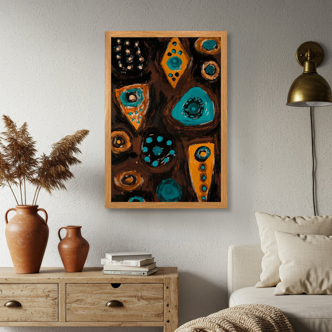 Framed Poster featuring abstract art in teal, orange, and brown. Modern style, perfect for home decor. Shop this unique Poster today!