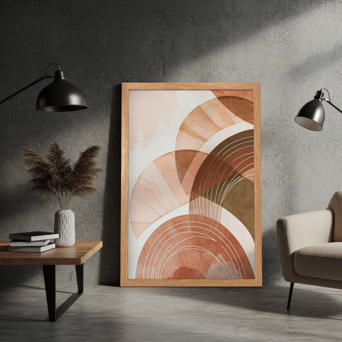 Framed Poster featuring abstract art in warm earth tones. Modern wall decor for a stylish home.