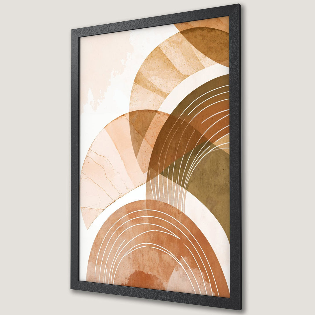 Framed Poster featuring abstract art with earthy tones. Modern style, warm color palette of browns, tans, and white. Perfect wall decor.